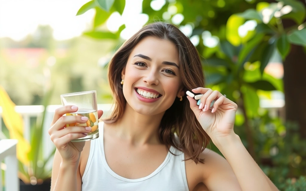 Femeie zâmbește, ținând un pahar cu apă și suplimente, ilustrând o viață sănătoasă
