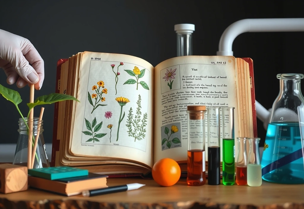 Carte veche de plante medicinale și eprubete moderne