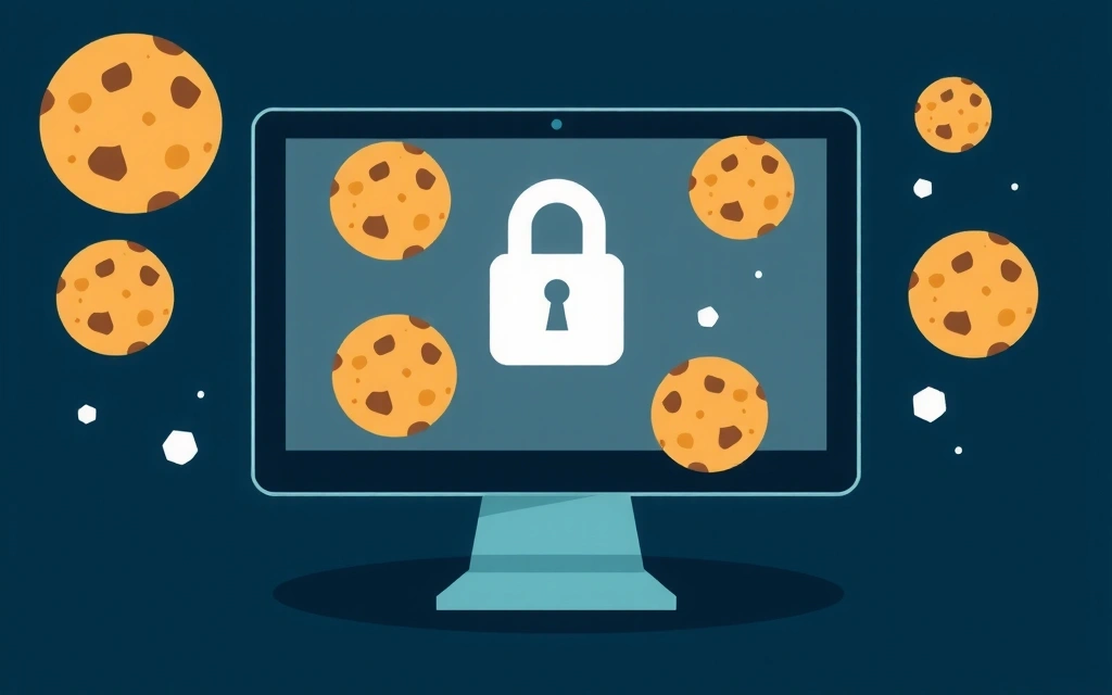 Ilustrație cu simboluri de cookie-uri și un ecran de computer